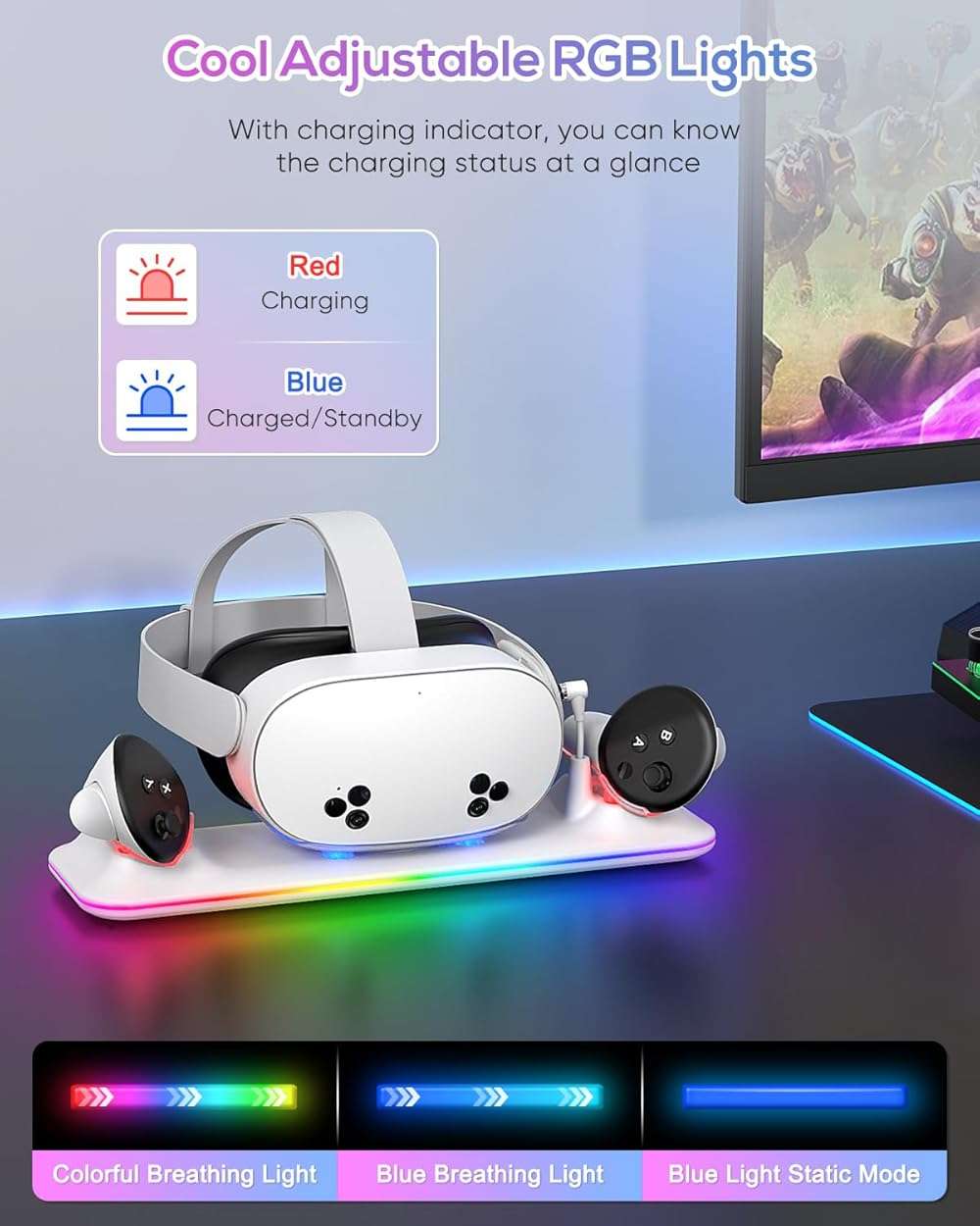 Charging Dock for Meta Quest 3S/3, Kinwin Magnetic Charging Station for Oculus Quest 3S/3 Accessories with RGB Light, Charging Stand for VR Headset & Controller with 2 Rechargeable Batteries (White) - Image 5
