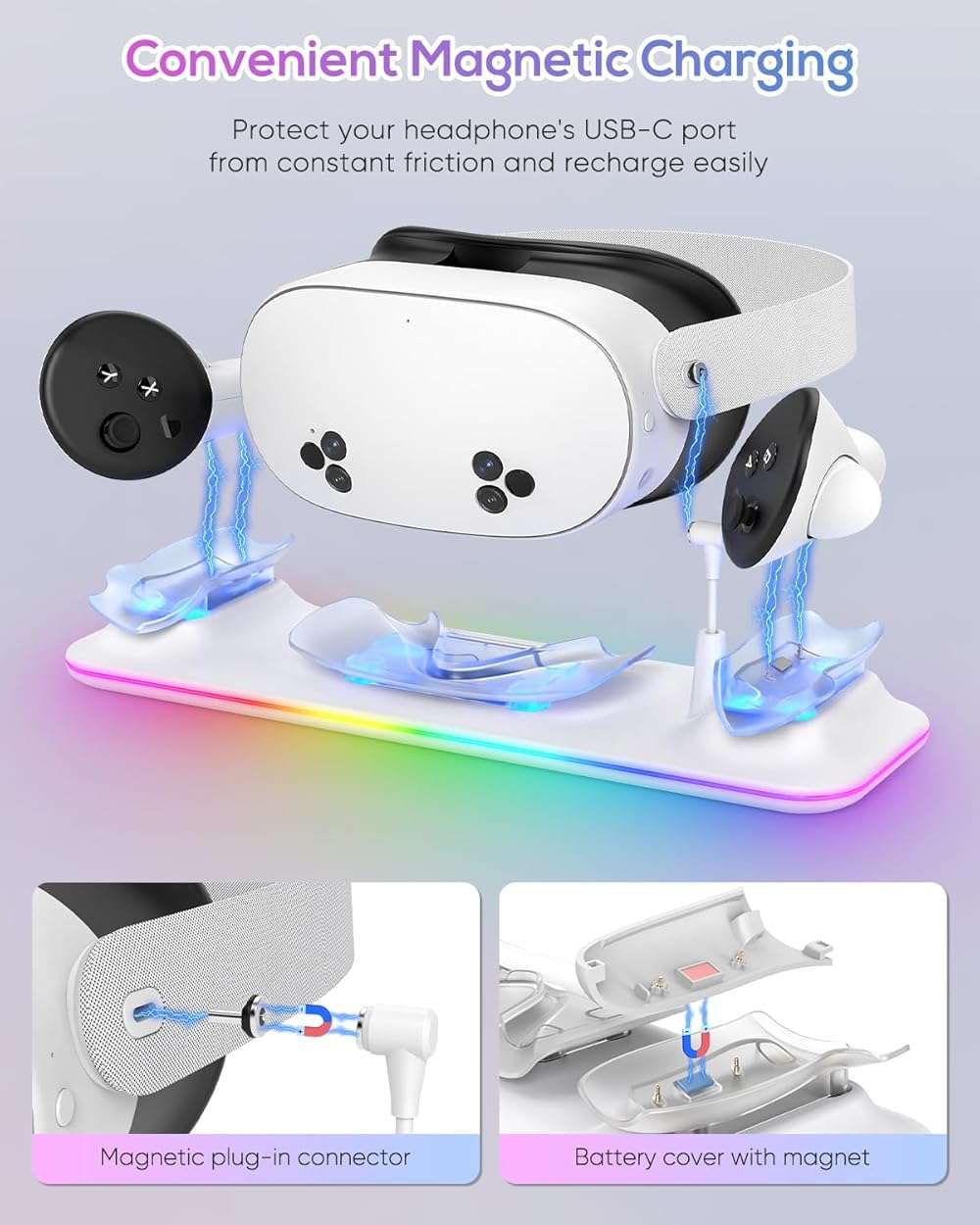 Charging Dock for Meta Quest 3S/3, Kinwin Magnetic Charging Station for Oculus Quest 3S/3 Accessories with RGB Light, Charging Stand for VR Headset & Controller with 2 Rechargeable Batteries (White) - Image 7