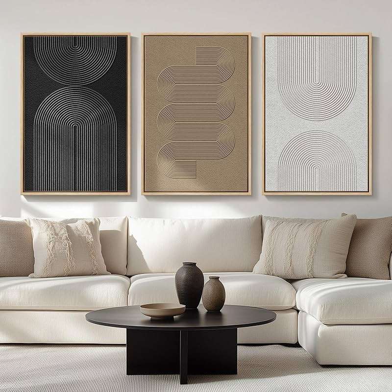 Large Framed Boho Modern Neutral Abstract Wall Art for Living Room, 3 Piece Black and White Canvas Prints Paintings Artwork for Walls, Geometric Pictures for Office Bedroom Dining Room Decor, 24x36 In - Image 1