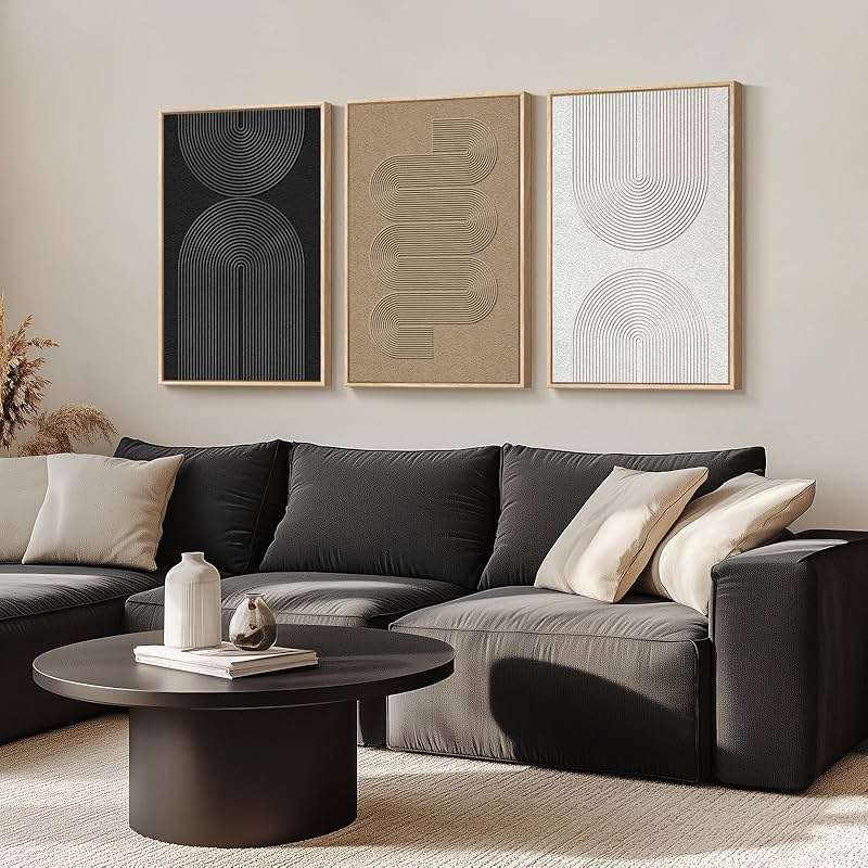 Large Framed Boho Modern Neutral Abstract Wall Art for Living Room, 3 Piece Black and White Canvas Prints Paintings Artwork for Walls, Geometric Pictures for Office Bedroom Dining Room Decor, 24x36 In - Image 2