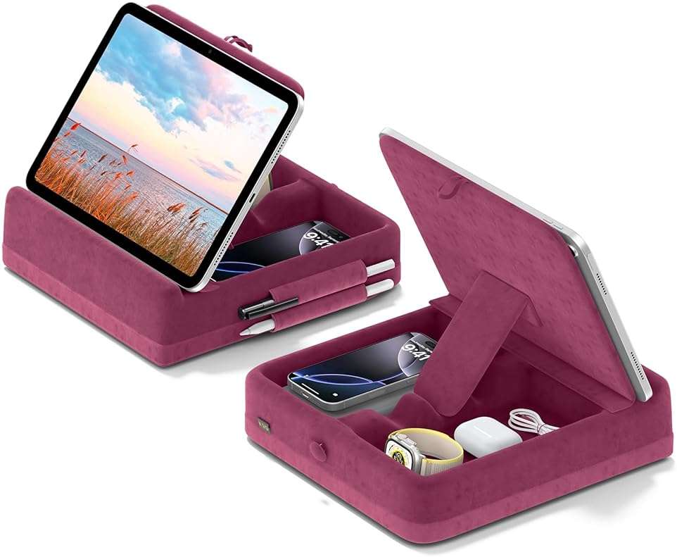 KDD Tablet Pillow Stand with Storage, Foldable iPad Holder for Lap, Desk and Bed, Angle Adjustable Soft Pad Dock with Stylus Mount Compatible with iPad Pro, Air, mini, Book, Phone and Tablet (4-13") - Image 1