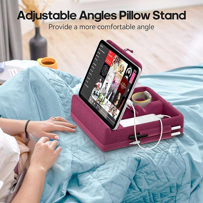KDD Tablet Pillow Stand with Storage, Foldable iPad Holder for Lap, Desk and Bed, Angle Adjustable Soft Pad Dock with Stylus Mount Compatible with iPad Pro, Air, mini, Book, Phone and Tablet (4-13") - Image 3