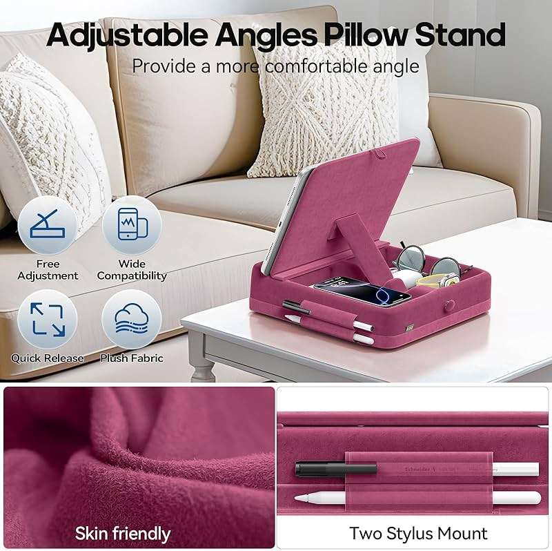 KDD Tablet Pillow Stand with Storage, Foldable iPad Holder for Lap, Desk and Bed, Angle Adjustable Soft Pad Dock with Stylus Mount Compatible with iPad Pro, Air, mini, Book, Phone and Tablet (4-13") - Image 5