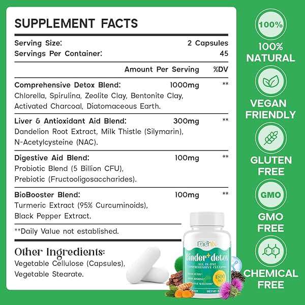 Enerlix 15-in-1 Detox Binder, Activated Charcoal, Zeolite & Bentonite Clay, Chlorella, 1500 MG Detox Supplement Maximum Absorbent, Liver Gut Digestive Detox Cleanse, 90 Vegan Capsules - Image 2