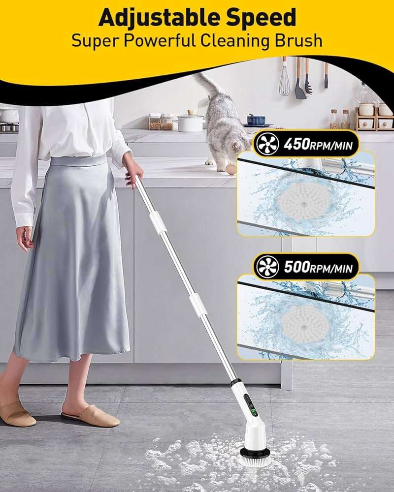 Electric Spin Scrubber for Cleaning Bathroom, Shower Scrubber Cordless Cleaning Brush with IPX7 Waterproof & 2 Speed, 3 Brush Heads, Bathroom Cleaning Supplies for Shower Tub Kitchen Tile Toilet White - Image 3