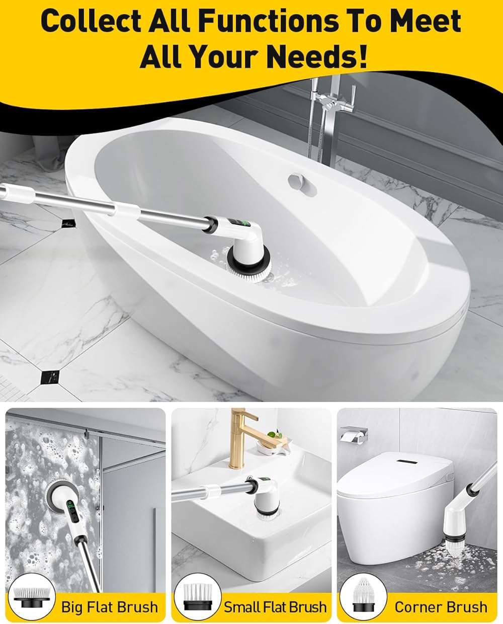 Electric Spin Scrubber for Cleaning Bathroom, Shower Scrubber Cordless Cleaning Brush with IPX7 Waterproof & 2 Speed, 3 Brush Heads, Bathroom Cleaning Supplies for Shower Tub Kitchen Tile Toilet White - Image 4