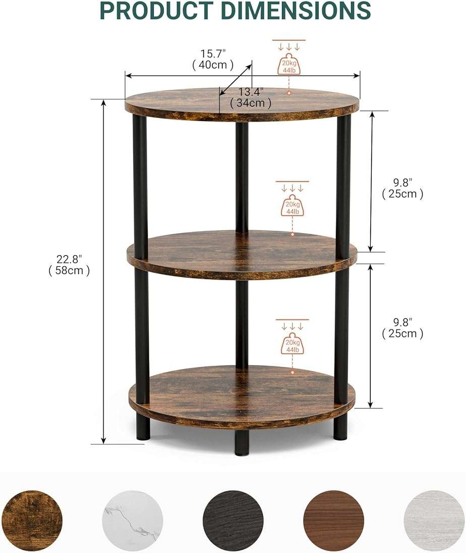 RISWER Round Small Side Table - 3 Tier Oval Accent Table for Small Spaces, Rustic Wood and Metal Couch End Table, Nightstand for Bedroom or End Table Living Room, Easy to Assemble, Rustic Brown - Image 2