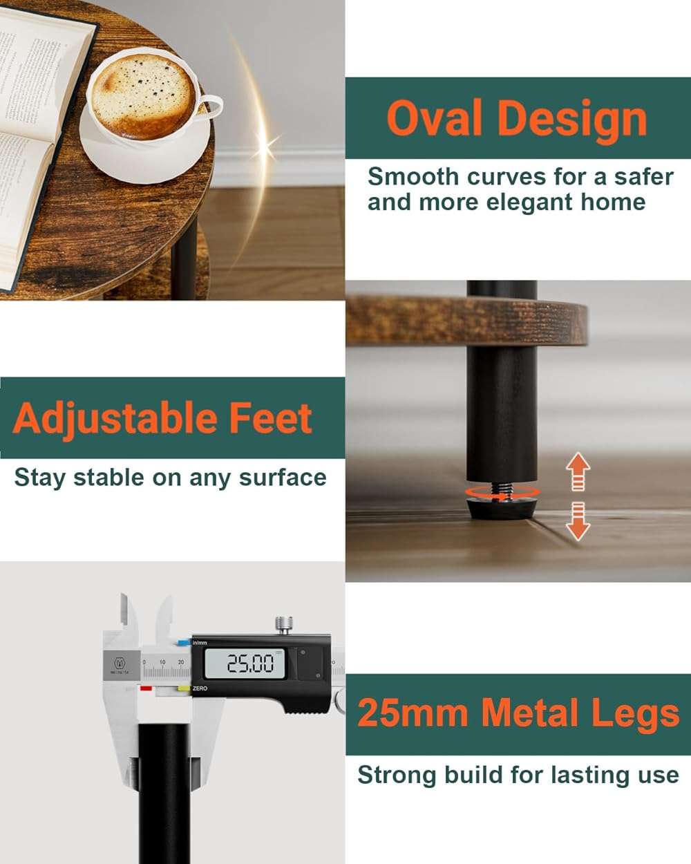 RISWER Round Small Side Table - 3 Tier Oval Accent Table for Small Spaces, Rustic Wood and Metal Couch End Table, Nightstand for Bedroom or End Table Living Room, Easy to Assemble, Rustic Brown - Image 3