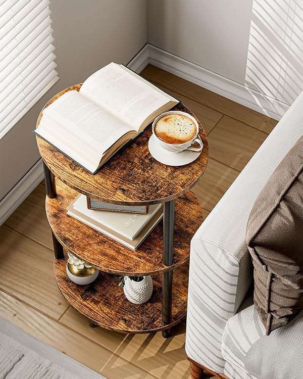 RISWER Round Small Side Table - 3 Tier Oval Accent Table for Small Spaces, Rustic Wood and Metal Couch End Table, Nightstand for Bedroom or End Table Living Room, Easy to Assemble, Rustic Brown - Image 4