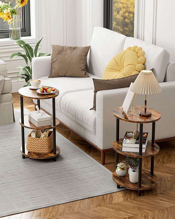 RISWER Round Small Side Table - 3 Tier Oval Accent Table for Small Spaces, Rustic Wood and Metal Couch End Table, Nightstand for Bedroom or End Table Living Room, Easy to Assemble, Rustic Brown - Image 6