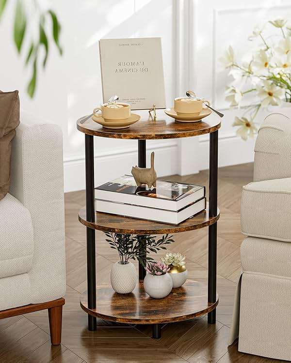 RISWER Round Small Side Table - 3 Tier Oval Accent Table for Small Spaces, Rustic Wood and Metal Couch End Table, Nightstand for Bedroom or End Table Living Room, Easy to Assemble, Rustic Brown - Image 7