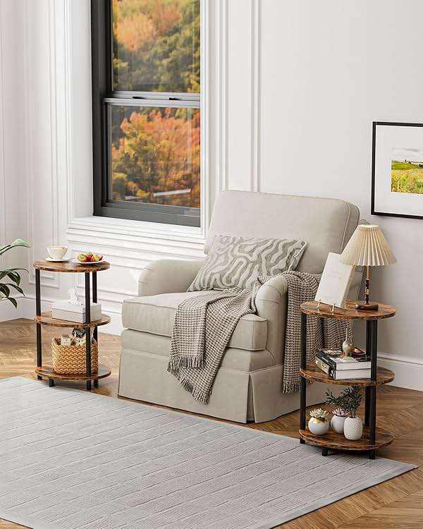 RISWER Round Small Side Table - 3 Tier Oval Accent Table for Small Spaces, Rustic Wood and Metal Couch End Table, Nightstand for Bedroom or End Table Living Room, Easy to Assemble, Rustic Brown - Image 8