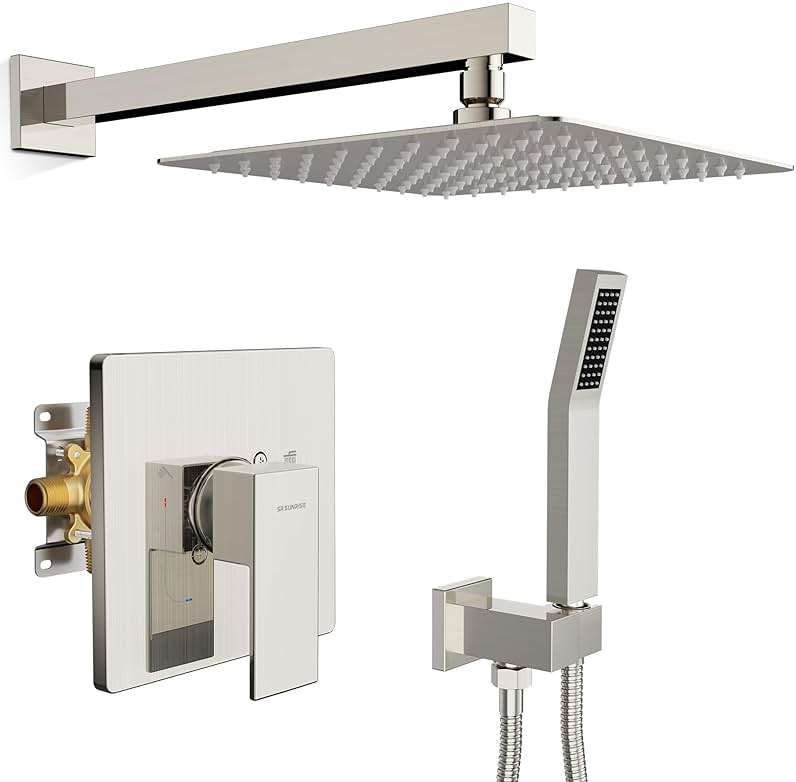 SR SUN RISE Shower Faucet Set & System - 10 Inch Rainfall Shower Head & Handle Set Wall Mounted Brushed Nickel Solid Brass Valve Trim Kit Included - Image 1