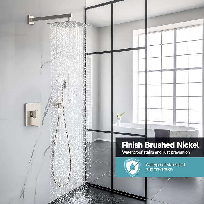 SR SUN RISE Shower Faucet Set & System - 10 Inch Rainfall Shower Head & Handle Set Wall Mounted Brushed Nickel Solid Brass Valve Trim Kit Included - Image 2