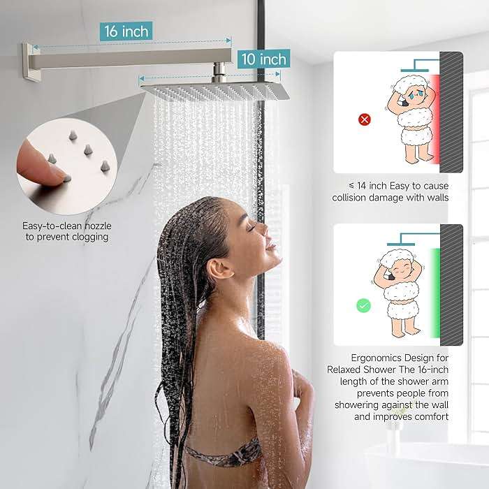 SR SUN RISE Shower Faucet Set & System - 10 Inch Rainfall Shower Head & Handle Set Wall Mounted Brushed Nickel Solid Brass Valve Trim Kit Included - Image 4