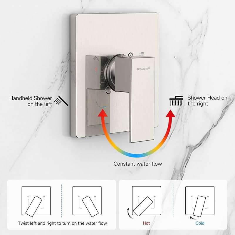 SR SUN RISE Shower Faucet Set & System - 10 Inch Rainfall Shower Head & Handle Set Wall Mounted Brushed Nickel Solid Brass Valve Trim Kit Included - Image 7