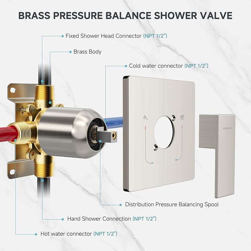 SR SUN RISE Shower Faucet Set & System - 10 Inch Rainfall Shower Head & Handle Set Wall Mounted Brushed Nickel Solid Brass Valve Trim Kit Included - Image 8