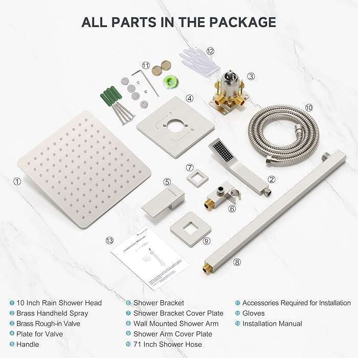 SR SUN RISE Shower Faucet Set & System - 10 Inch Rainfall Shower Head & Handle Set Wall Mounted Brushed Nickel Solid Brass Valve Trim Kit Included - Image 9