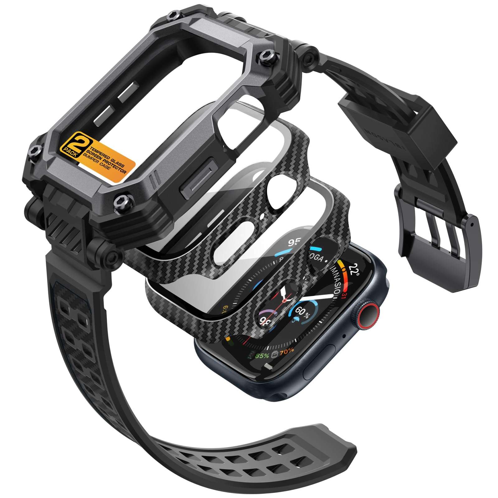 i-Blason 3-in-1 for Apple Watch Series 11/10 46mm Case with Band Multiuse [Includes 2 Tempered Glass Screen Protectors] Heavy Duty Protection Sport Shockproof Band Men for Apple Watch 46mm, Black - Image 1