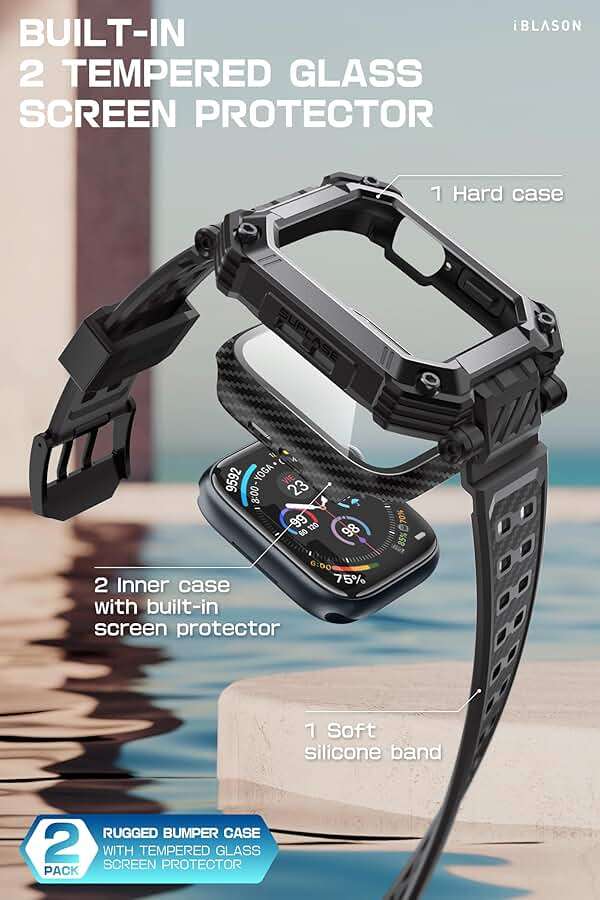 i-Blason 3-in-1 for Apple Watch Series 11/10 46mm Case with Band Multiuse [Includes 2 Tempered Glass Screen Protectors] Heavy Duty Protection Sport Shockproof Band Men for Apple Watch 46mm, Black - Image 3