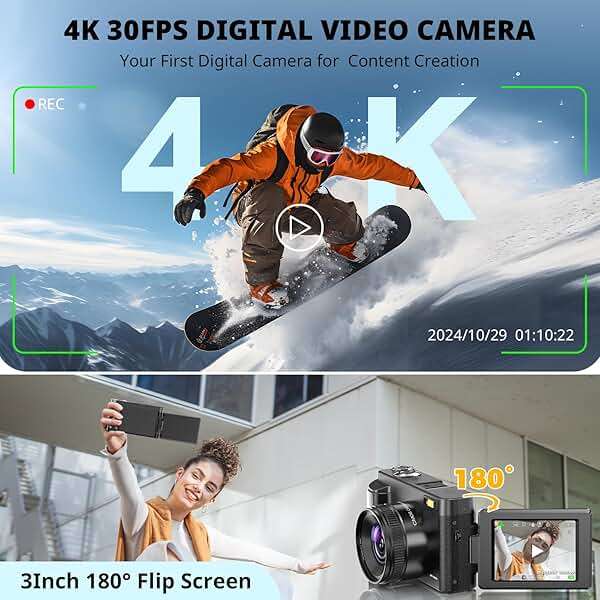 Duluvulu 4K Digital Camera for Photography Autofocus, 2026 Latest 48MP Vlogging Camera for YouTube with SD Card, 2 Batteries, 3" 180°Flip Screen Compact Travel Camera for Teens with 16X Zoom,Black - Image 2