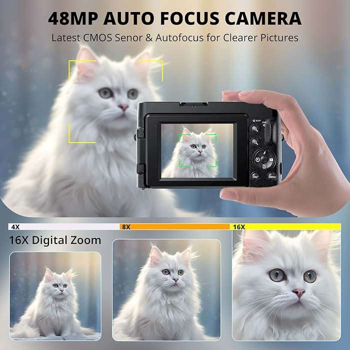 Duluvulu 4K Digital Camera for Photography Autofocus, 2026 Latest 48MP Vlogging Camera for YouTube with SD Card, 2 Batteries, 3" 180°Flip Screen Compact Travel Camera for Teens with 16X Zoom,Black - Image 3