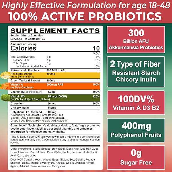 Akkermansia Probiotics Gummies with Prebiotics Fiber, 300 Billion AFU Akkermansia Muciniphila, with Polyphenol Fruits, Resistant Starch, Vitamin A D3 B2 for Metabolism, Digestive & Gut Health, 1Pack - Image 2