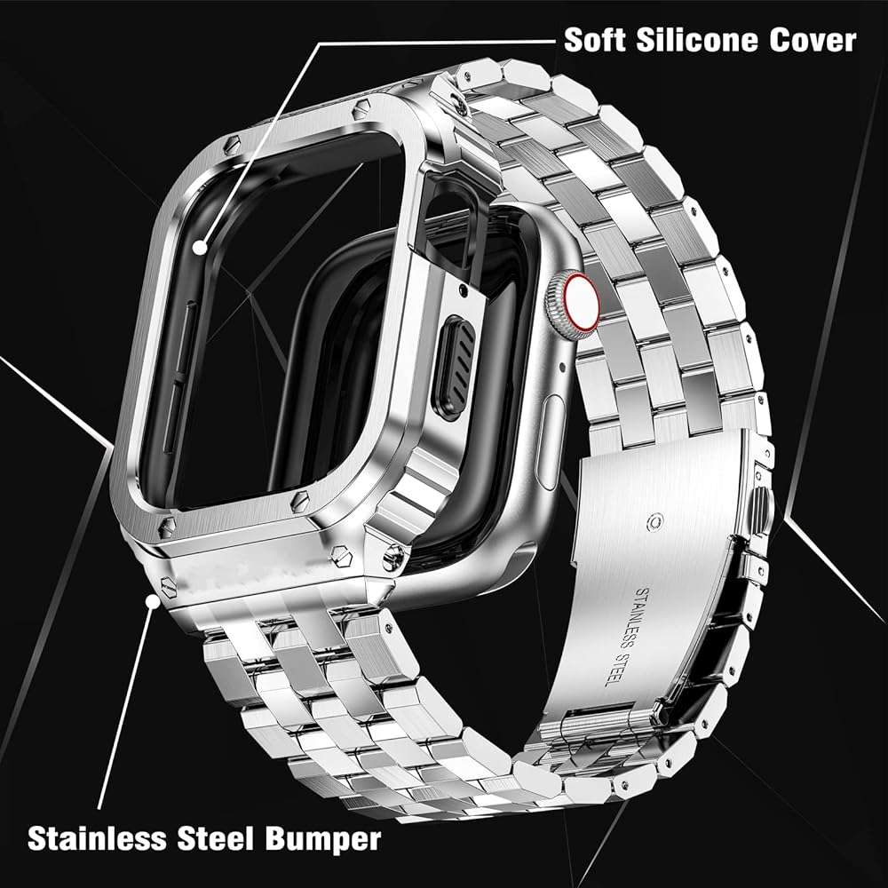 SUPLINK Stainless Steel Case Bands Compatible with Apple Watch Series 10 46mm Band/Apple Watch Series 11 46mm Band for Men, Metal Rugged Protective Bumper Case for iWatch Bands Men, Silver - Image 2
