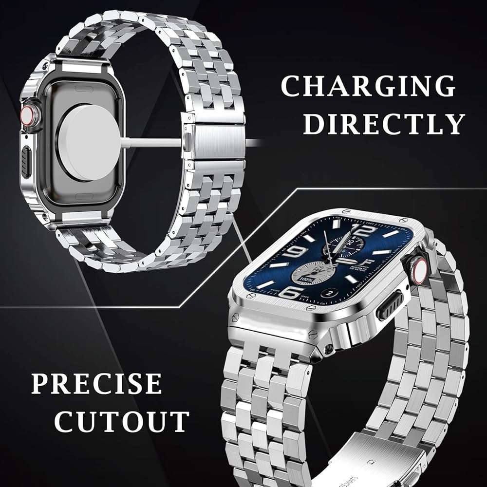 SUPLINK Stainless Steel Case Bands Compatible with Apple Watch Series 10 46mm Band/Apple Watch Series 11 46mm Band for Men, Metal Rugged Protective Bumper Case for iWatch Bands Men, Silver - Image 3