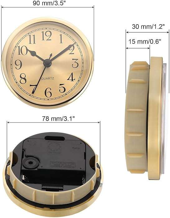 PATIKIL 3.5" 90mm Quartz Clock Insert, Round Quartz Movement Miniature Clock Mini Arabic Numeral Clock Fit 78mm/3.1" Diameter Hole for Replacement Home, Gold Tone, Style 1 - Image 2