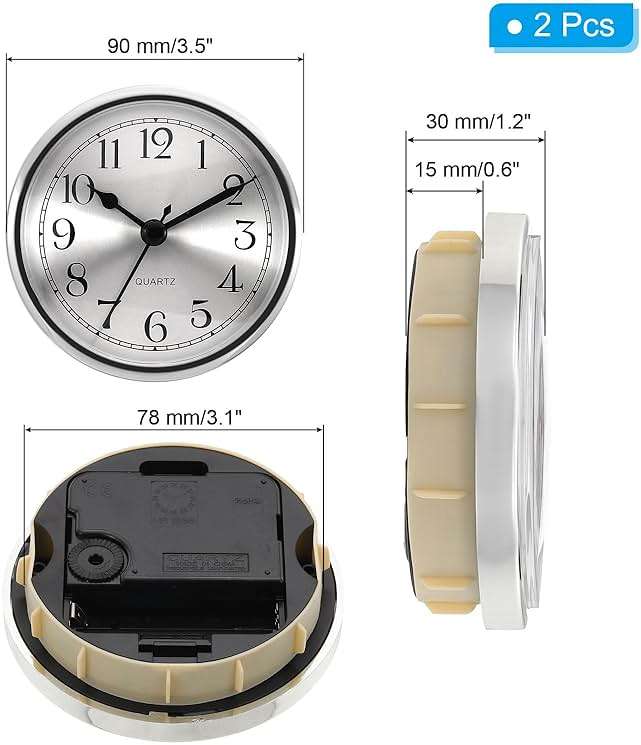 PATIKIL 3.5" 90mm Quartz Clock Insert, 2 Pcs Round Quartz Movement Miniature Clock Mini Arabic Numeral Clock Fit 78mm/3.1" Diameter Hole for Replacement Home, Silver Tone, Style 1 - Image 2