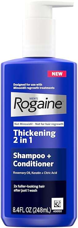 Rogaine Men's Thickening 2 in 1 Shampoo + Conditioner, Hair Thickening Shampoo & Conditioner with Rosemary Oil, Keratin & Citric Acid Leaves Hair Visibly Thicker, Not Minoxidil, 8.4 fl. oz - Image 1