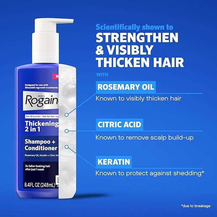 Rogaine Men's Thickening 2 in 1 Shampoo + Conditioner, Hair Thickening Shampoo & Conditioner with Rosemary Oil, Keratin & Citric Acid Leaves Hair Visibly Thicker, Not Minoxidil, 8.4 fl. oz - Image 6