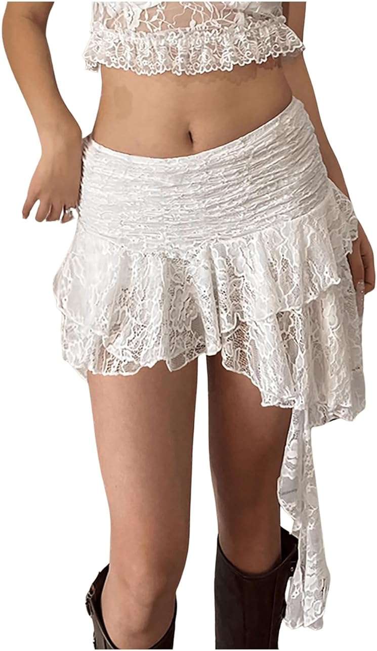 RoseSeek Women's Y2K Lace Ruched Skirts Asymmetrical Ruffle Hem Drop Waist Mini Skirts - Image 1
