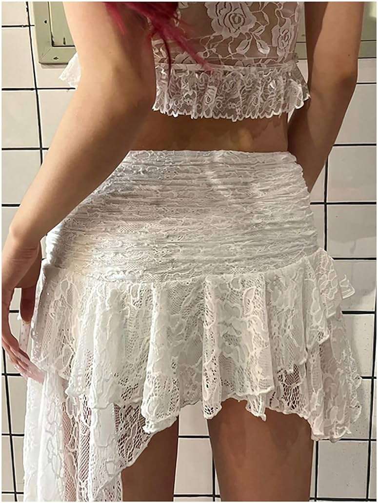 RoseSeek Women's Y2K Lace Ruched Skirts Asymmetrical Ruffle Hem Drop Waist Mini Skirts - Image 2