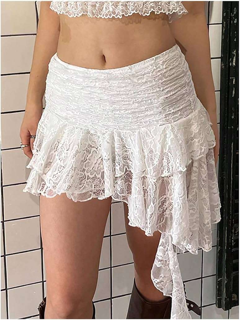 RoseSeek Women's Y2K Lace Ruched Skirts Asymmetrical Ruffle Hem Drop Waist Mini Skirts - Image 4
