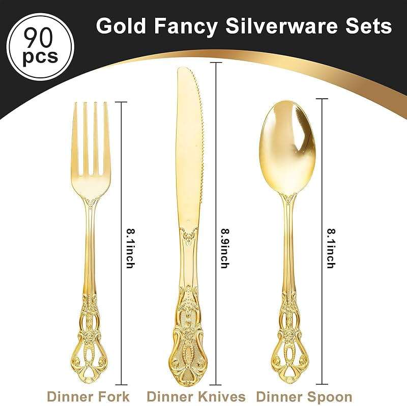 Joyido 90 Pieces Gold Plastic Silverware - Heavy Duty Gold Disposable Utensils - Fancy Plastic Cutlery Set Includes 30 Forks, 30 Spoons, 30 Knives for Dinner Parties Weddings - Image 3