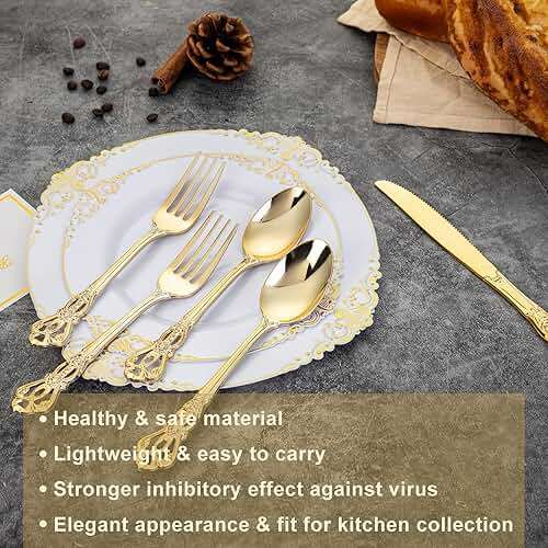 Joyido 90 Pieces Gold Plastic Silverware - Heavy Duty Gold Disposable Utensils - Fancy Plastic Cutlery Set Includes 30 Forks, 30 Spoons, 30 Knives for Dinner Parties Weddings - Image 6