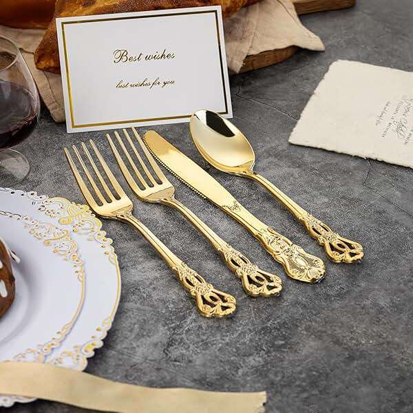 Joyido 90 Pieces Gold Plastic Silverware - Heavy Duty Gold Disposable Utensils - Fancy Plastic Cutlery Set Includes 30 Forks, 30 Spoons, 30 Knives for Dinner Parties Weddings - Image 7