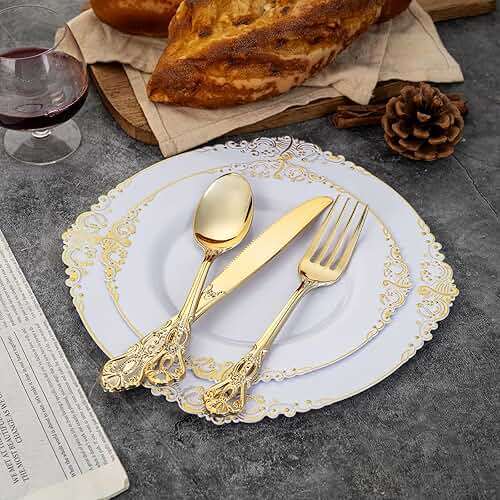 Joyido 90 Pieces Gold Plastic Silverware - Heavy Duty Gold Disposable Utensils - Fancy Plastic Cutlery Set Includes 30 Forks, 30 Spoons, 30 Knives for Dinner Parties Weddings - Image 9