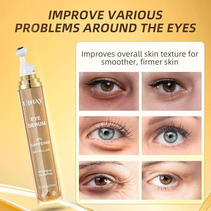 UJHAY 5% Caffeine Eye Cream, Under Eye Serum for Dark Circles, Puffiness & Wrinkles Fine Lines, Eye Roller Serum with 360° Massage Ball, Eye Treatment Balm for Men & Women - Image 7