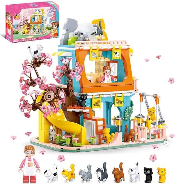 BrickTribe Cat House Building Set, Animal Playground Crossing Toy with 8 Cats and a Doll Minifigures Compatible with Lego Friends Pet Sets, Easter Gift Idea for Girls Kids Aged 6-12 - Image 1