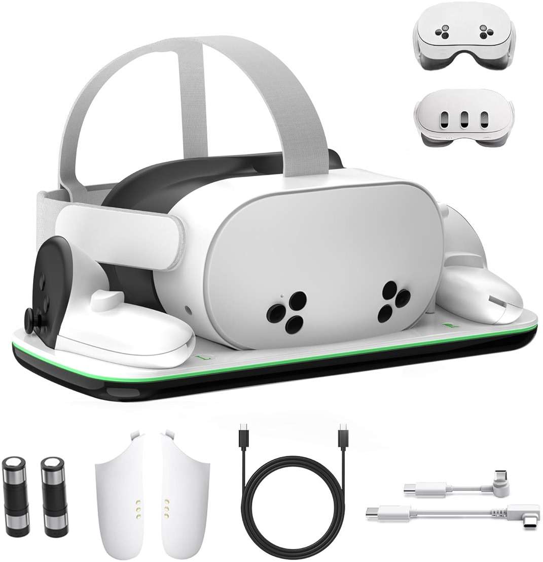 Charging Dock Compatible with Meta Oculus Quest 3/3S, VR Headset Controller Accessories, Charging Station with Closable LED Indicator, Magnetic Charging, Fast Charging, 2 Rechargeable Batteries - Image 1