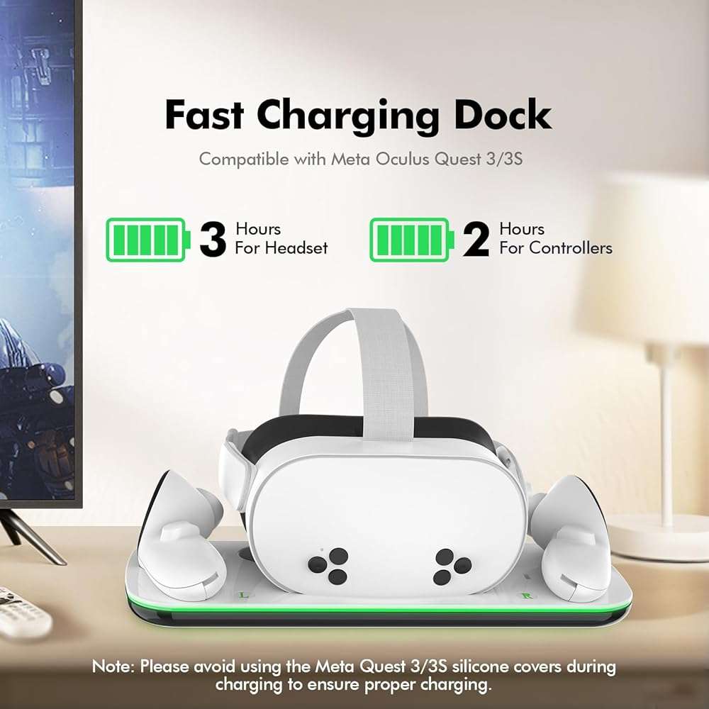 Charging Dock Compatible with Meta Oculus Quest 3/3S, VR Headset Controller Accessories, Charging Station with Closable LED Indicator, Magnetic Charging, Fast Charging, 2 Rechargeable Batteries - Image 2