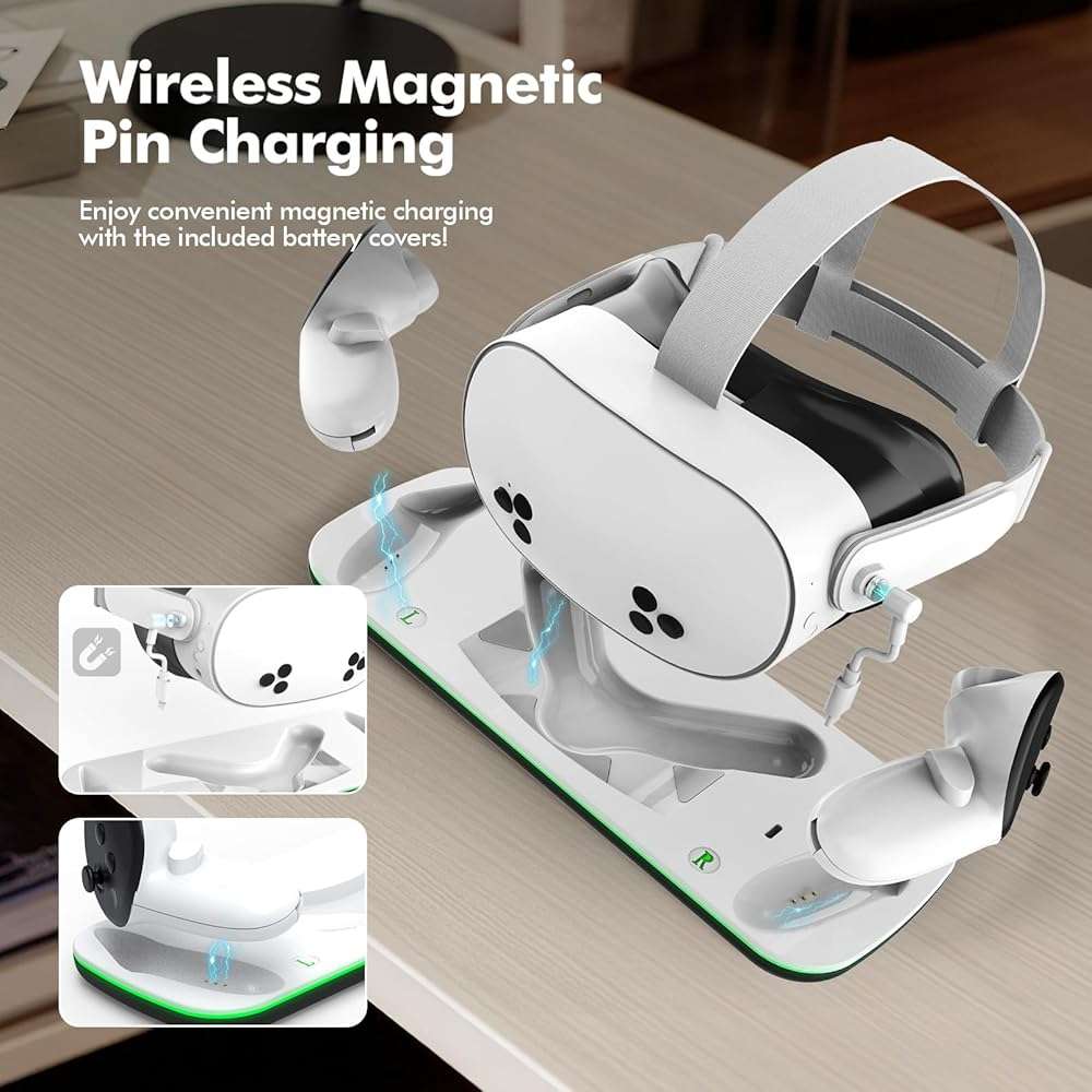 Charging Dock Compatible with Meta Oculus Quest 3/3S, VR Headset Controller Accessories, Charging Station with Closable LED Indicator, Magnetic Charging, Fast Charging, 2 Rechargeable Batteries - Image 3