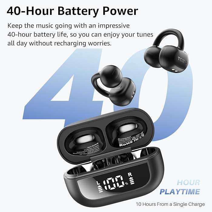 TOZO OpenEarRing True Open Ear Earbuds, Lightweight Comfort Open Ear Clip Wireless Earbuds, 40H Play Bluetooth 5.4 Headphones with Smart Digital Display Design Fit Sports Running, Workout Black - Image 5