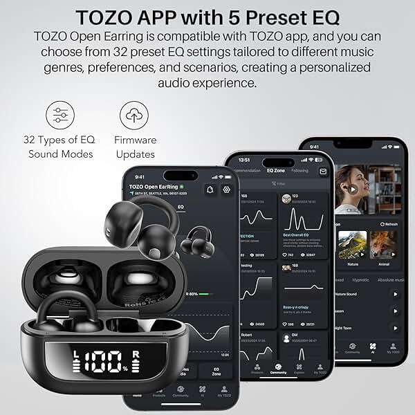 TOZO OpenEarRing True Open Ear Earbuds, Lightweight Comfort Open Ear Clip Wireless Earbuds, 40H Play Bluetooth 5.4 Headphones with Smart Digital Display Design Fit Sports Running, Workout Black - Image 8