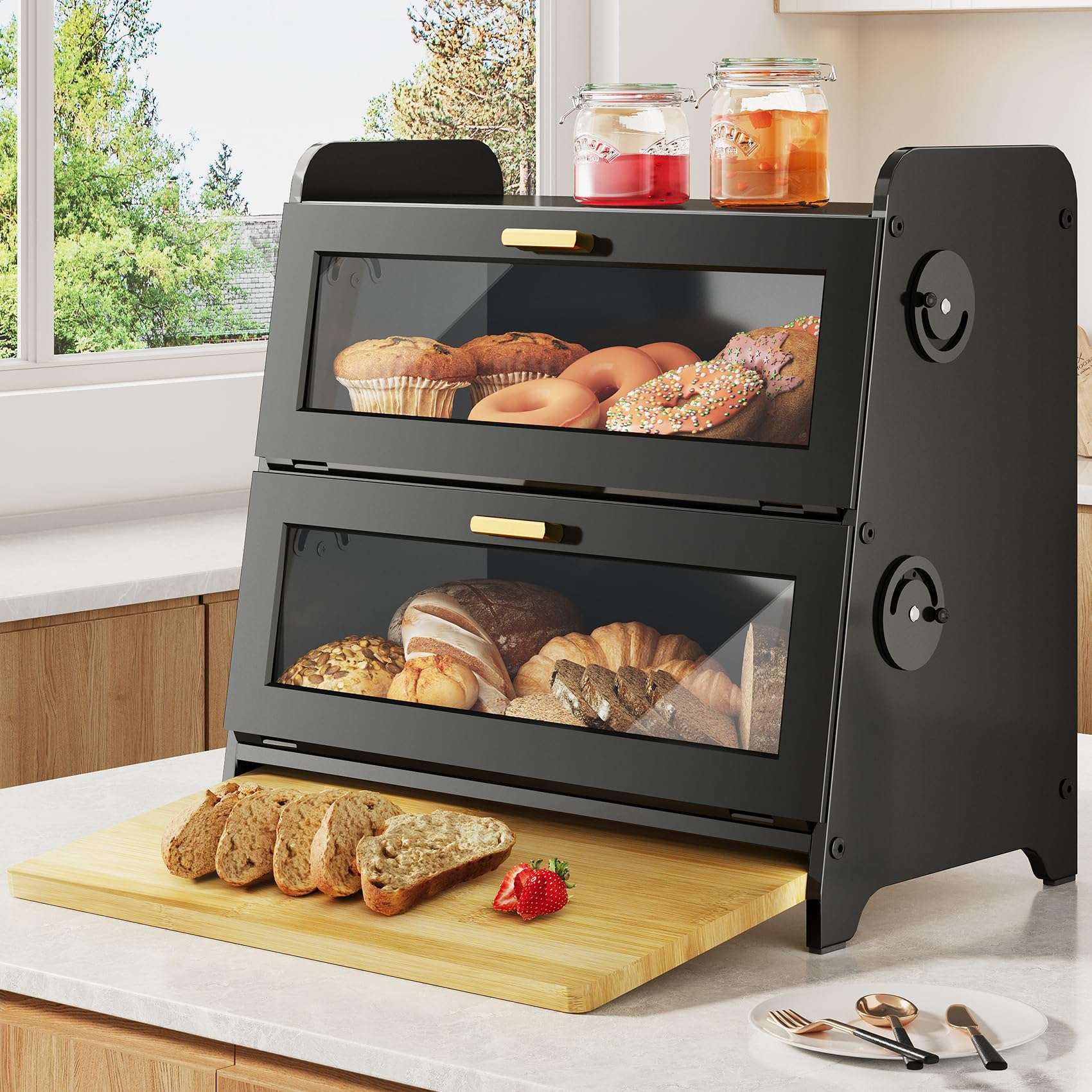 SNTD Bread Box - Kitchen Countertop Bread Storage Container with Bamboo Cutting Board, Adjustable Vent Hole Dials (Black) - Image 1