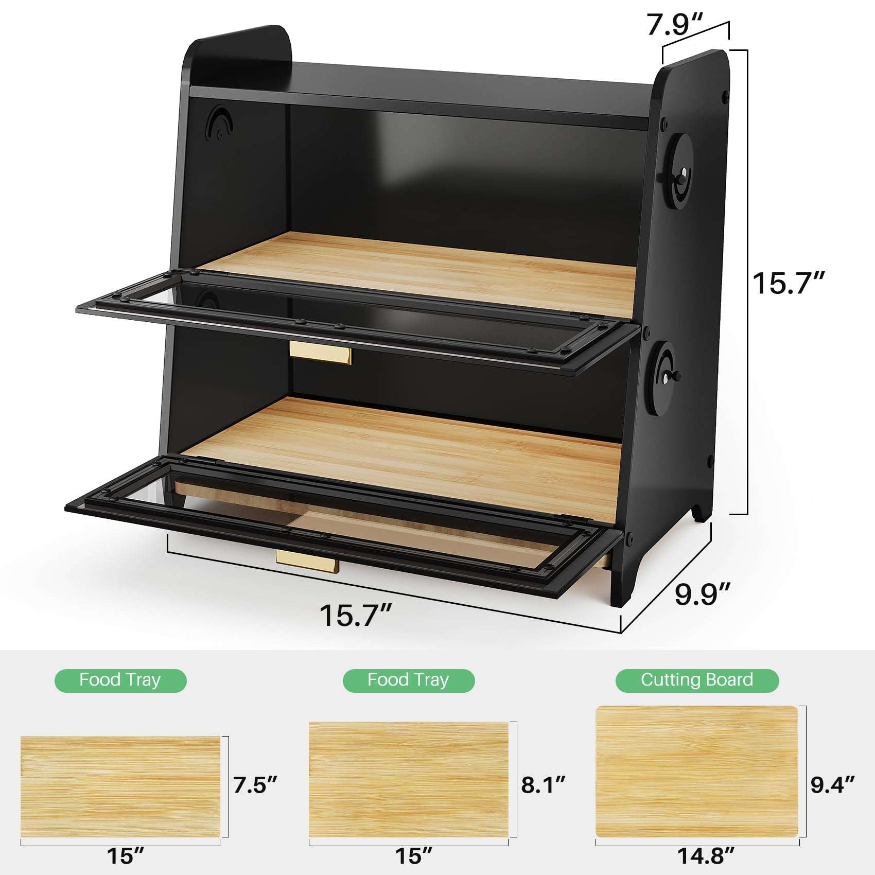 SNTD Bread Box - Kitchen Countertop Bread Storage Container with Bamboo Cutting Board, Adjustable Vent Hole Dials (Black) - Image 2