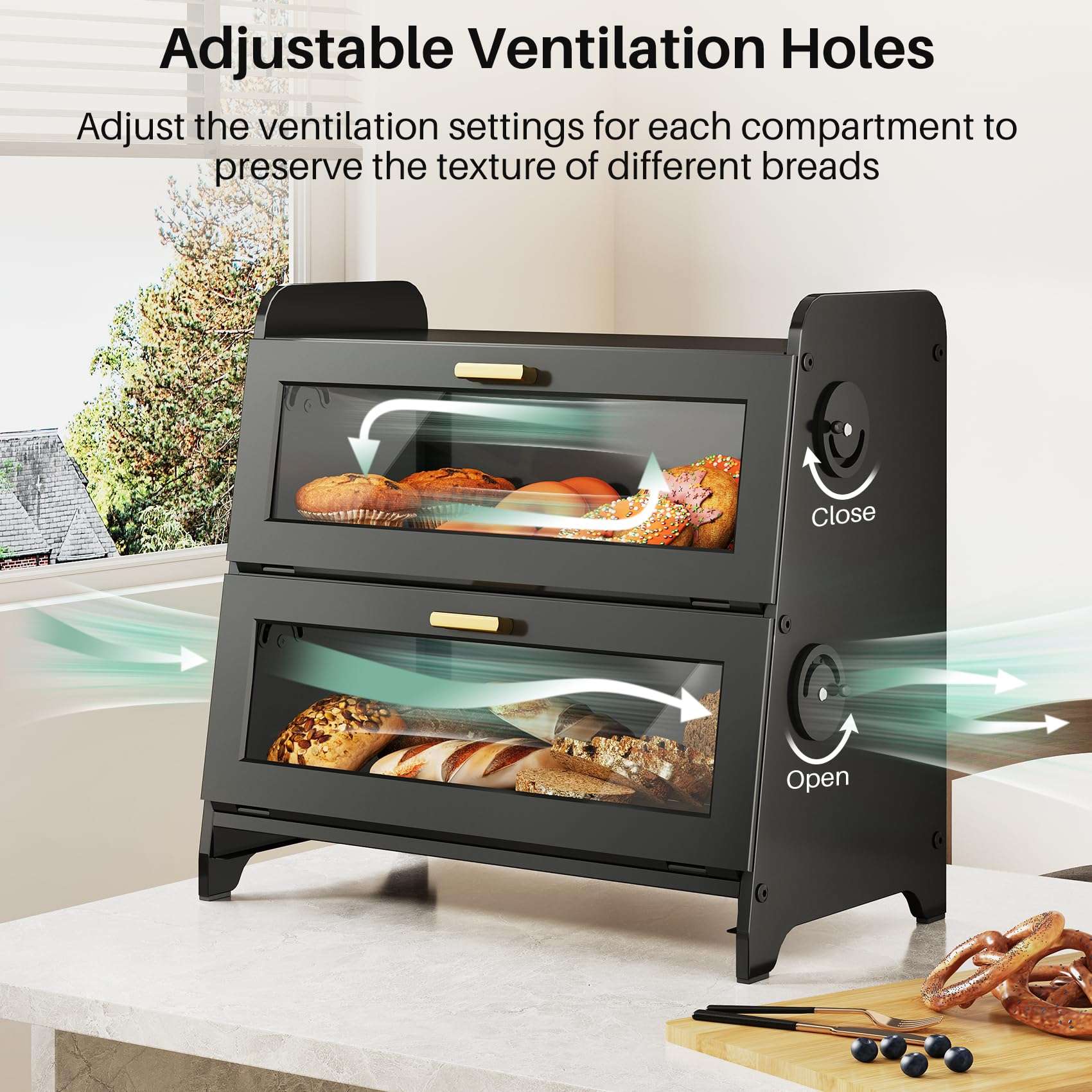 SNTD Bread Box - Kitchen Countertop Bread Storage Container with Bamboo Cutting Board, Adjustable Vent Hole Dials (Black) - Image 3